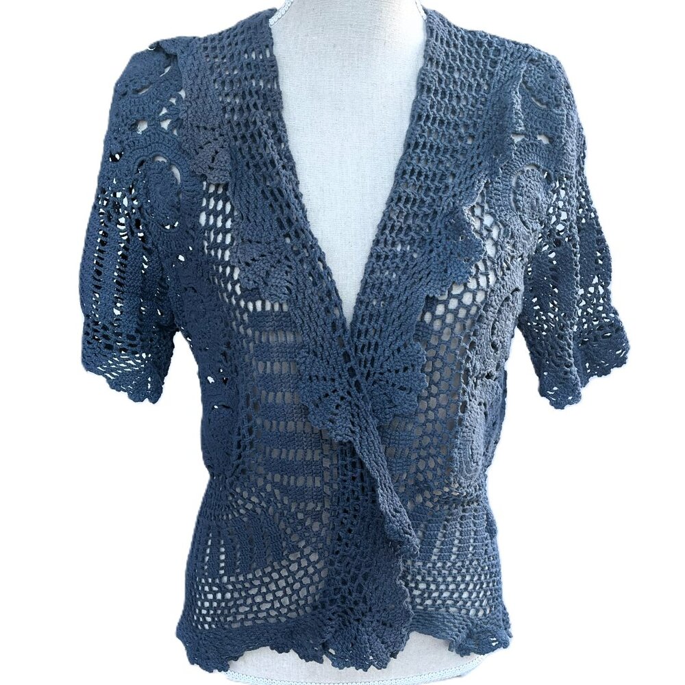 🆕💙OOAK Hand-crochet & Hand-dyed 100% Cotton Short-Sleeve Jacket in Denim Blue